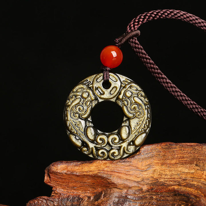 Buddha Stones brillo dorado obsidiana hebilla de la paz Pixiu moneda de cobre colgante de collar de riqueza