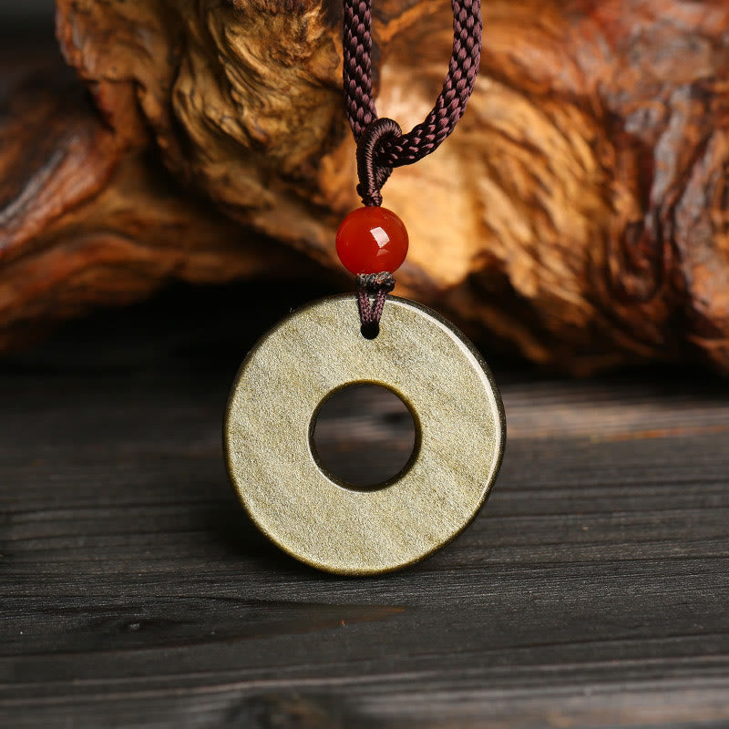 Buddha Stones brillo dorado obsidiana hebilla de la paz Pixiu moneda de cobre colgante de collar de riqueza