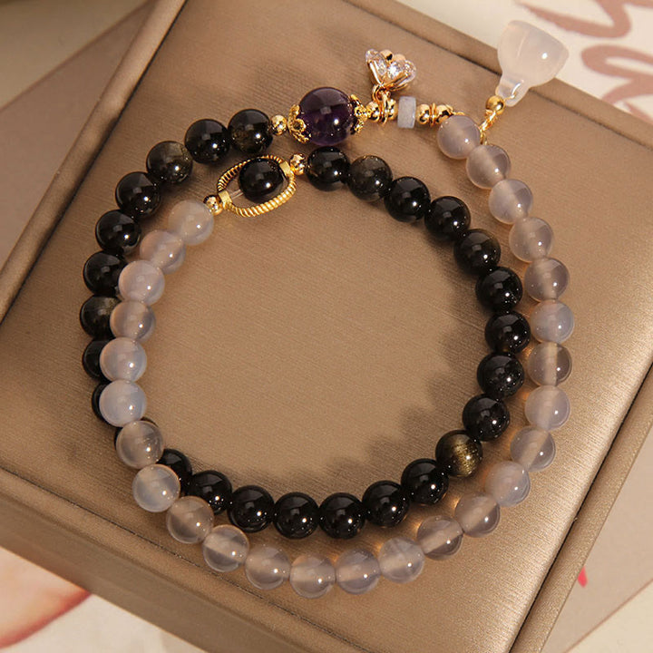 Buddha Stones brillo dorado obsidiana ágata gris loto encanto fortalecer pulsera de doble vuelta