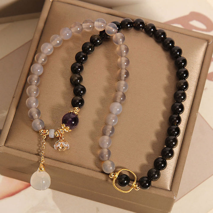 Buddha Stones brillo dorado obsidiana ágata gris loto encanto fortalecer pulsera de doble vuelta