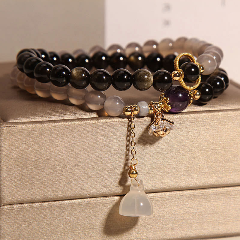 Buddha Stones brillo dorado obsidiana ágata gris loto encanto fortalecer pulsera de doble vuelta