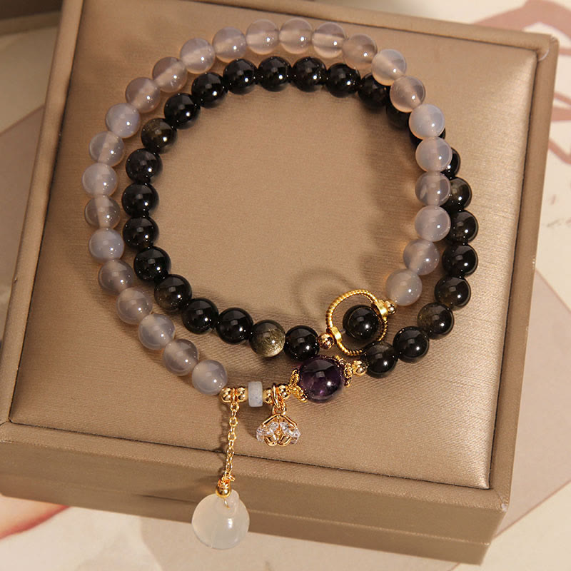 Buddha Stones brillo dorado obsidiana ágata gris loto encanto fortalecer pulsera de doble vuelta