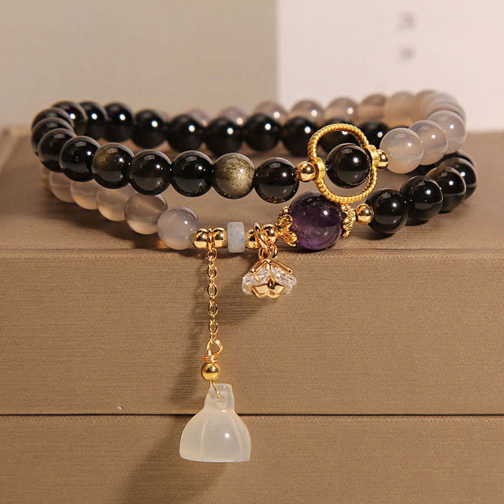 Buddha Stones brillo dorado obsidiana ágata gris loto encanto fortalecer pulsera de doble vuelta