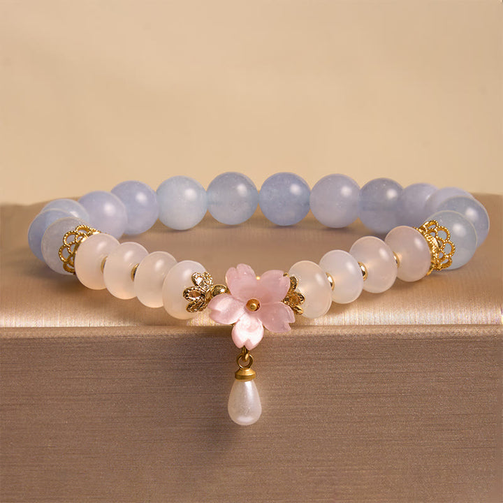 Buddha Stones aguamarina ágata blanca perla cuentas de ábaco pulsera curativa de flores