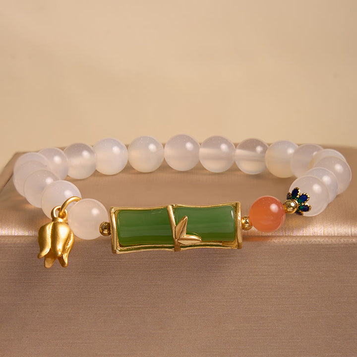 Pulsera de positividad con cuentas de bambú de jadeíta de ágata blanca natural con Buddha Stones