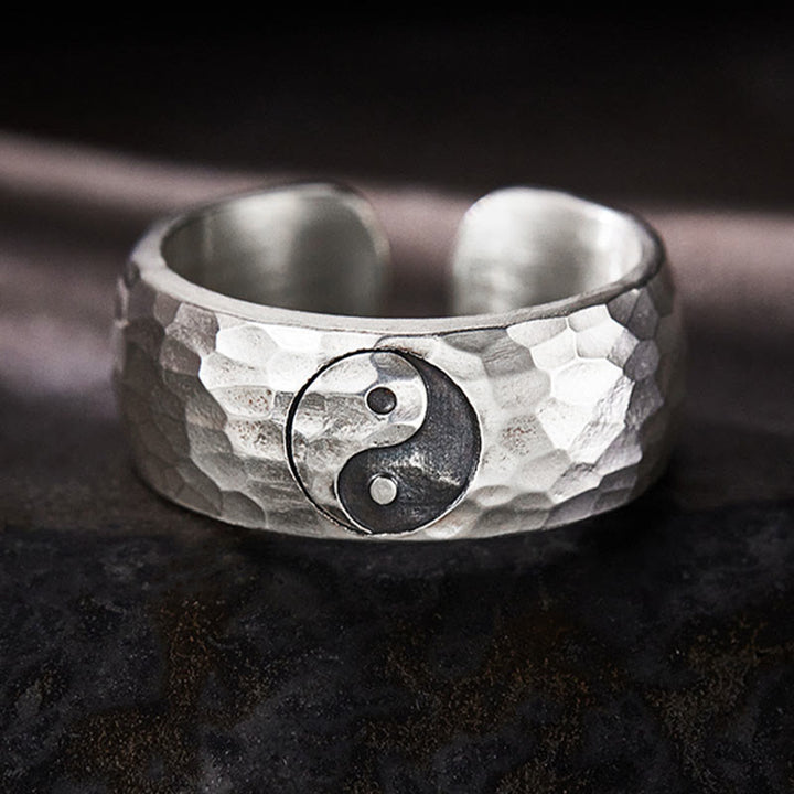 Anillo ajustable de armonía con símbolo de Yin Yang Bagua de plata de ley 999 hecho a mano con Buddha Stones - 62,5-65 mm (ajustable) - image 0