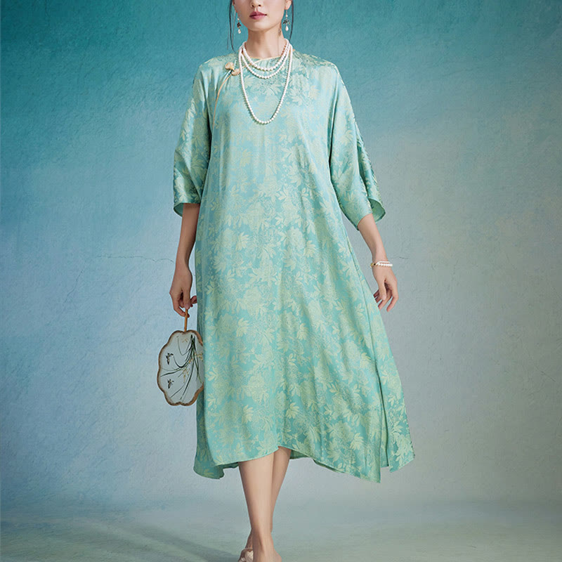 Vestido midi cheongsam chino de jacquard con hojas y flores pequeñas de Buddha Stones con bolsillos - image 1