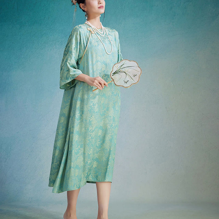 Vestido midi cheongsam chino de jacquard con hojas y flores pequeñas de Buddha Stones con bolsillos - image 5