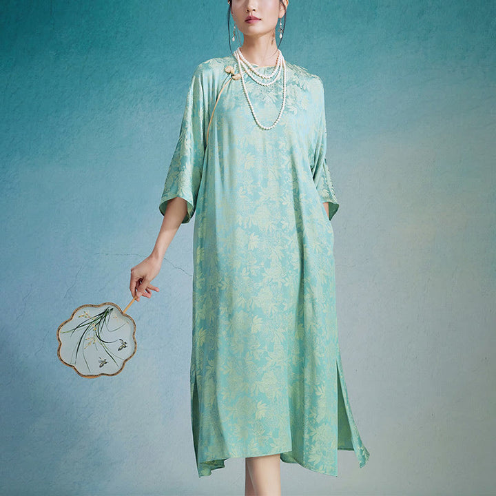 Vestido midi cheongsam chino de jacquard con hojas y flores pequeñas de Buddha Stones con bolsillos