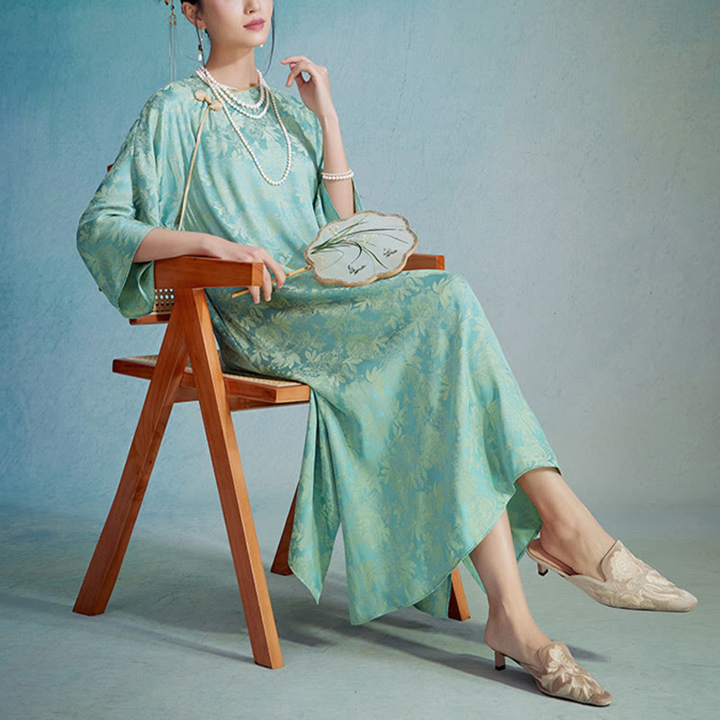 Vestido midi cheongsam chino de jacquard con hojas y flores pequeñas de Buddha Stones con bolsillos - image 3