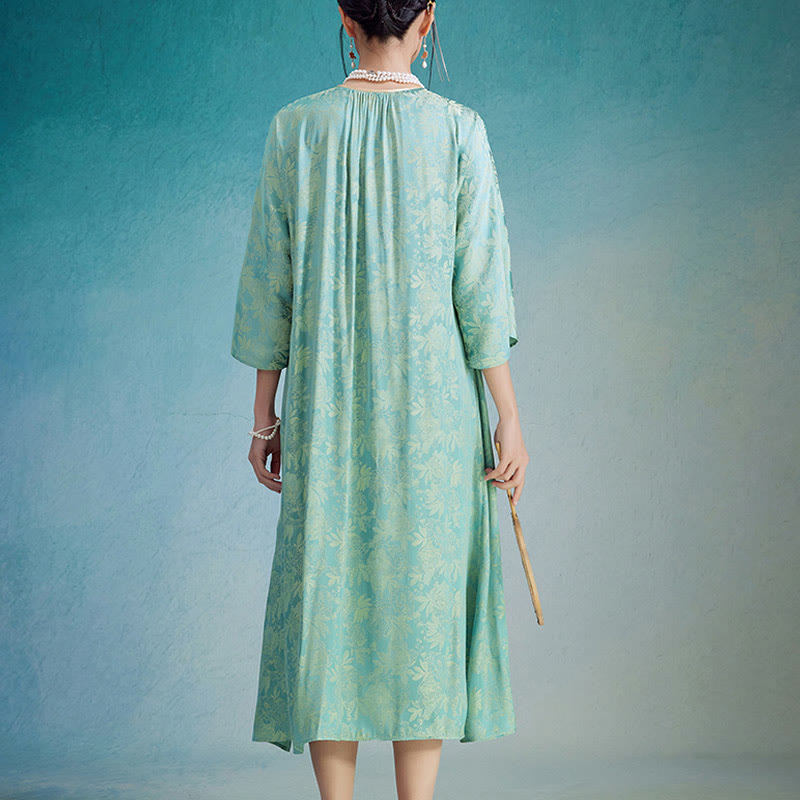 Vestido midi cheongsam chino de jacquard con hojas y flores pequeñas de Buddha Stones con bolsillos