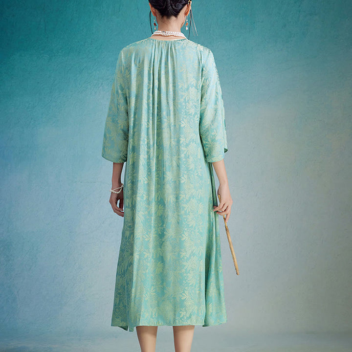 Vestido midi cheongsam chino de jacquard con hojas y flores pequeñas de Buddha Stones con bolsillos