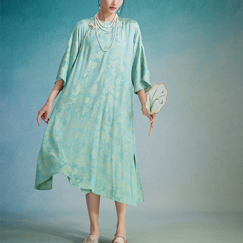 Vestido midi cheongsam chino de jacquard con hojas y flores pequeñas de Buddha Stones con bolsillos