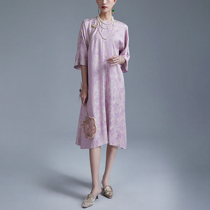 Vestido midi cheongsam chino de jacquard con hojas y flores pequeñas de Buddha Stones con bolsillos