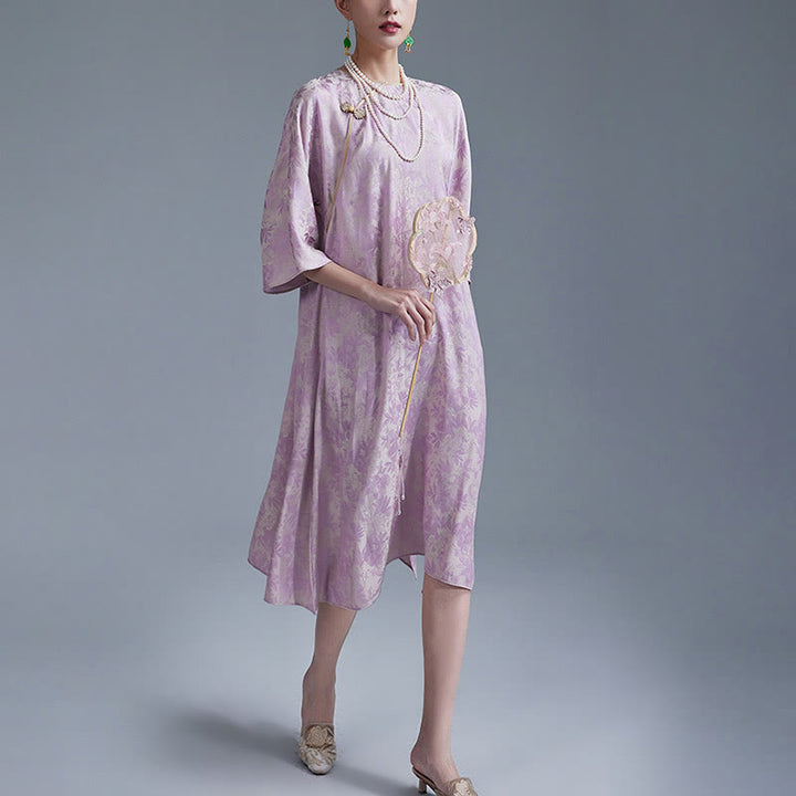 Vestido midi cheongsam chino de jacquard con hojas y flores pequeñas de Buddha Stones con bolsillos