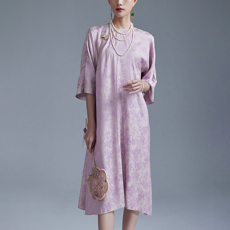 Vestido midi cheongsam chino de jacquard con hojas y flores pequeñas de Buddha Stones con bolsillos - Púrpura - US12，UK/AU16，EU44 (XL) - image 6