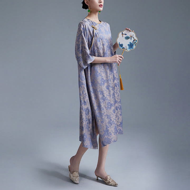Vestido midi cheongsam chino de jacquard con hojas y flores pequeñas de Buddha Stones con bolsillos - image 11