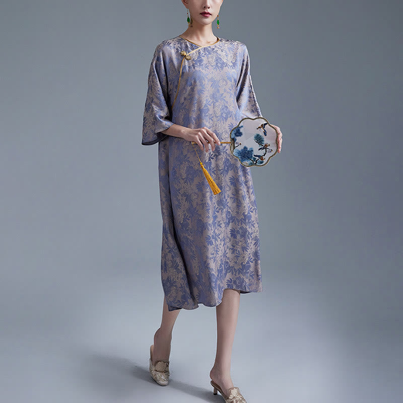 Vestido midi cheongsam chino de jacquard con hojas y flores pequeñas de Buddha Stones con bolsillos - image 13