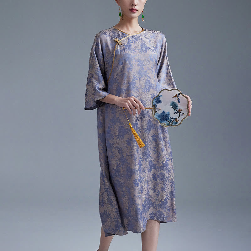 Vestido midi cheongsam chino de jacquard con hojas y flores pequeñas de Buddha Stones con bolsillos - Morado oscuro - US12，UK/AU16，EU44 (XL) - image 10