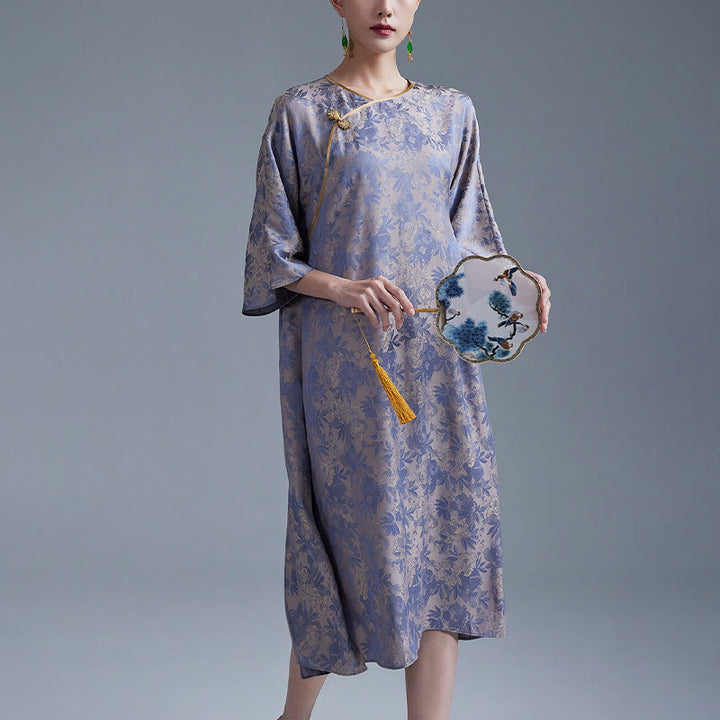 Vestido midi cheongsam chino de jacquard con hojas y flores pequeñas de Buddha Stones con bolsillos - Morado oscuro - US12，UK/AU16，EU44 (XL) - image 10