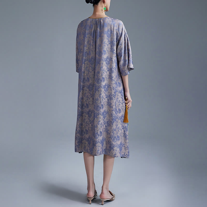 Vestido midi cheongsam chino de jacquard con hojas y flores pequeñas de Buddha Stones con bolsillos - image 12