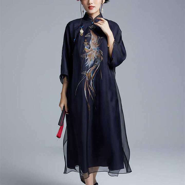 Vestido Cheongsam Qipao con bordado de Fénix de organza y seda de morera 100% con Buddha Stones