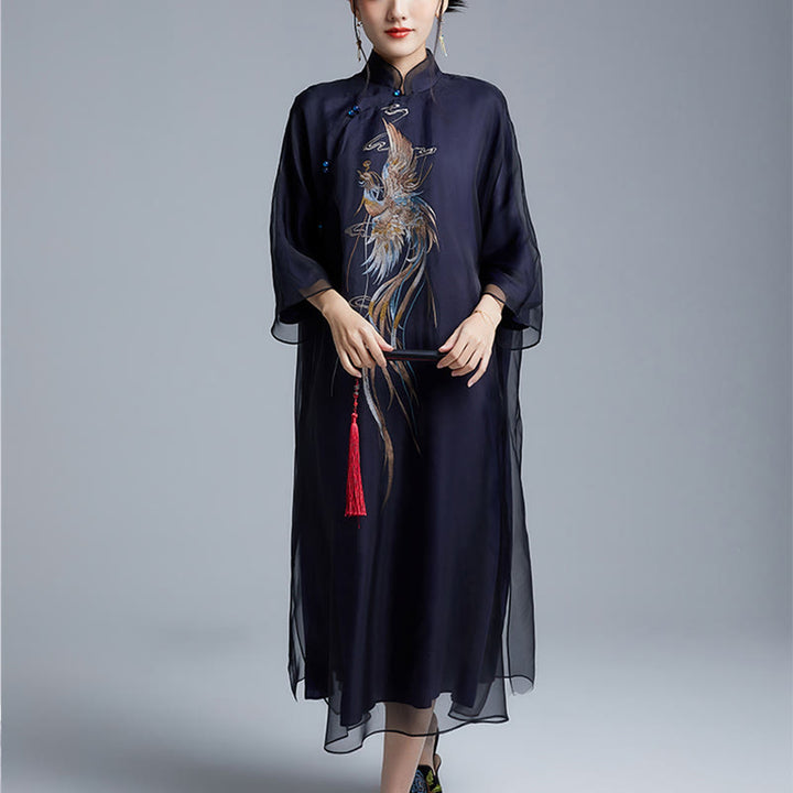 Vestido Cheongsam Qipao con bordado de Fénix de organza y seda de morera 100% con Buddha Stones