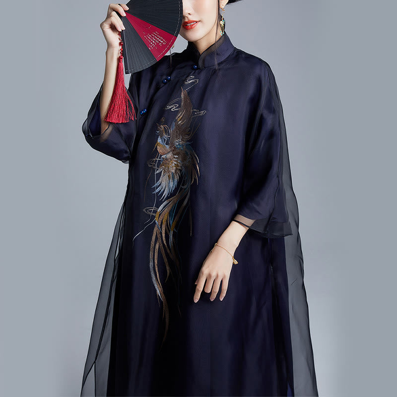 Vestido Cheongsam Qipao con bordado de Fénix de organza y seda de morera 100% con Buddha Stones