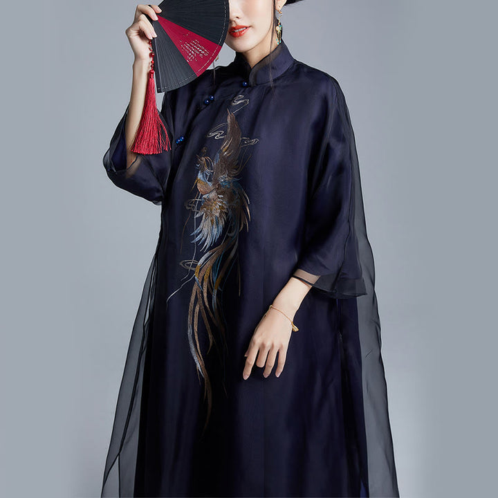 Vestido Cheongsam Qipao con bordado de Fénix de organza y seda de morera 100% con Buddha Stones