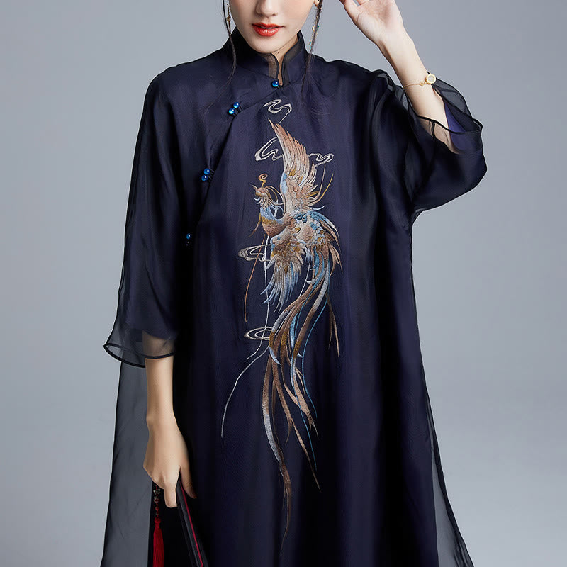 Vestido Cheongsam Qipao con bordado de Fénix de organza y seda de morera 100% con Buddha Stones