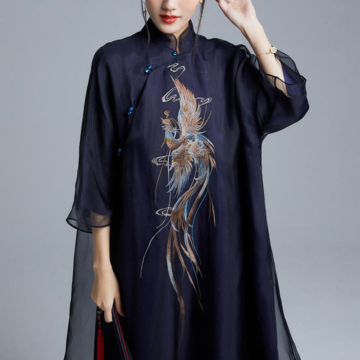 Vestido Cheongsam Qipao con bordado de Fénix de organza y seda de morera 100% con Buddha Stones
