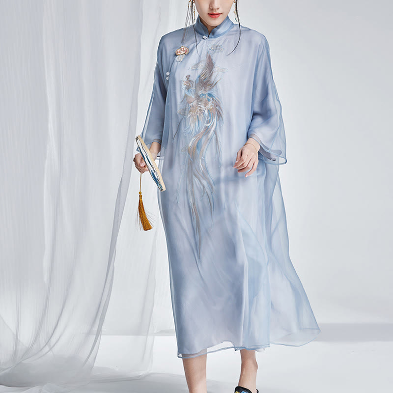 Vestido Cheongsam Qipao con bordado de Fénix de organza y seda de morera 100% con Buddha Stones