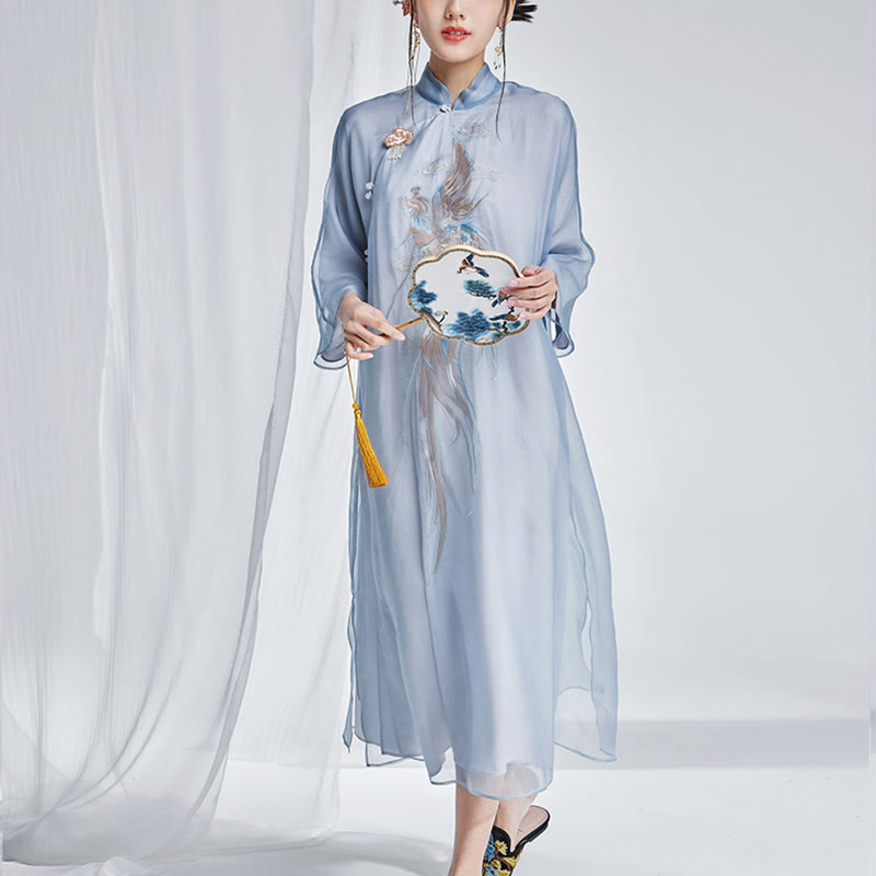 Vestido Cheongsam Qipao con bordado de Fénix de organza y seda de morera 100% con Buddha Stones