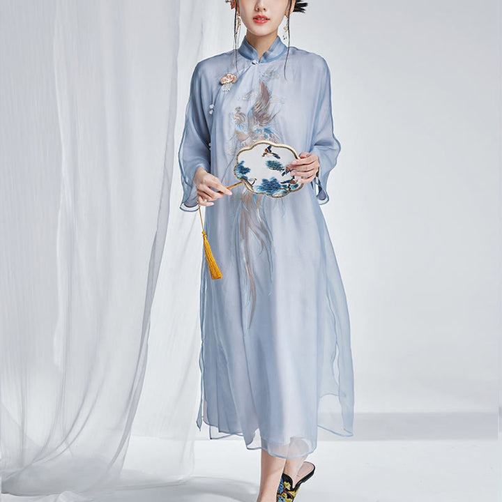 Vestido Cheongsam Qipao con bordado de Fénix de organza y seda de morera 100% con Buddha Stones