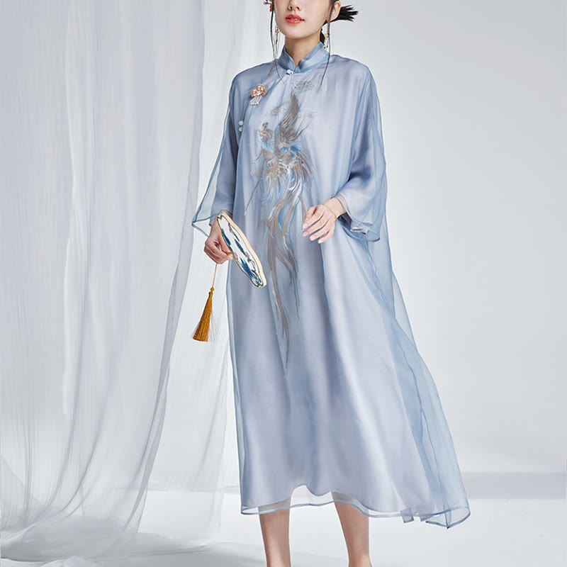 Vestido Cheongsam Qipao con bordado de Fénix de organza y seda de morera 100% con Buddha Stones