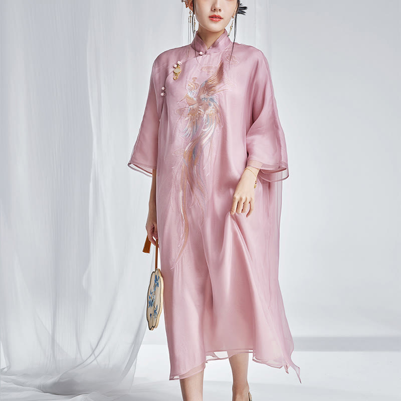 Vestido Cheongsam Qipao con bordado de Fénix de organza y seda de morera 100% con Buddha Stones