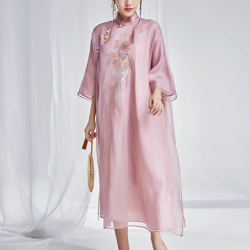 Vestido Cheongsam Qipao con bordado de Fénix de organza y seda de morera 100% con Buddha Stones