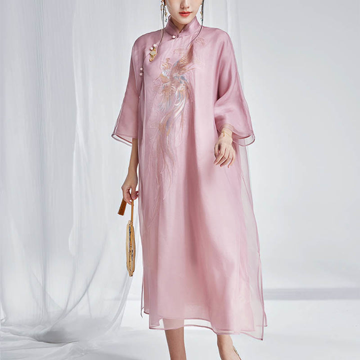 Vestido Cheongsam Qipao con bordado de Fénix de organza y seda de morera 100% con Buddha Stones