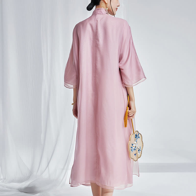 Vestido Cheongsam Qipao con bordado de Fénix de organza y seda de morera 100% con Buddha Stones