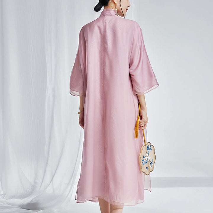 Vestido Cheongsam Qipao con bordado de Fénix de organza y seda de morera 100% con Buddha Stones