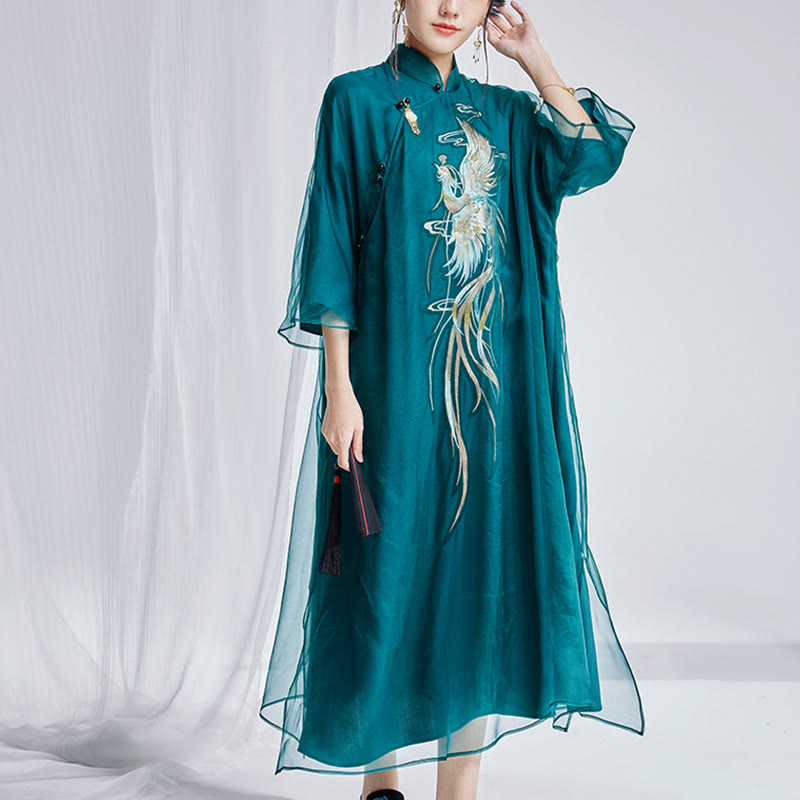 Vestido Cheongsam Qipao con bordado de Fénix de organza y seda de morera 100% con Buddha Stones