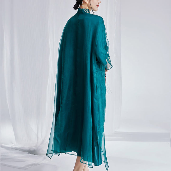 Vestido Cheongsam Qipao con bordado de Fénix de organza y seda de morera 100% con Buddha Stones