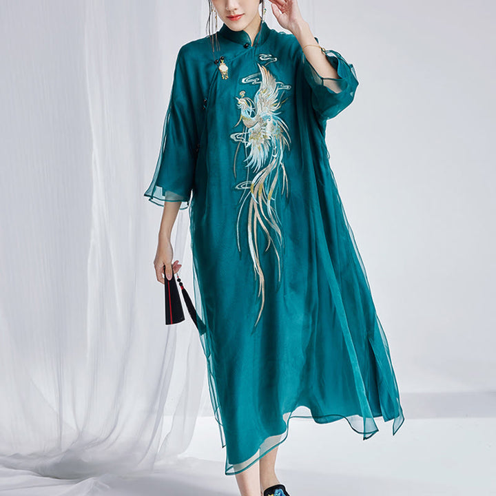 Vestido Cheongsam Qipao con bordado de Fénix de organza y seda de morera 100% con Buddha Stones