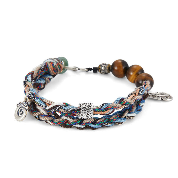 Pulsera de fuerza de voluntad hecha a mano con cuerda de algodón colorida y ojo de tigre de plata de ley 925 con Buddha Stones
