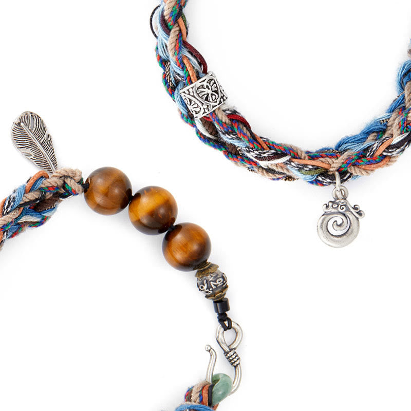 Pulsera de fuerza de voluntad hecha a mano con cuerda de algodón colorida y ojo de tigre de plata de ley 925 con Buddha Stones