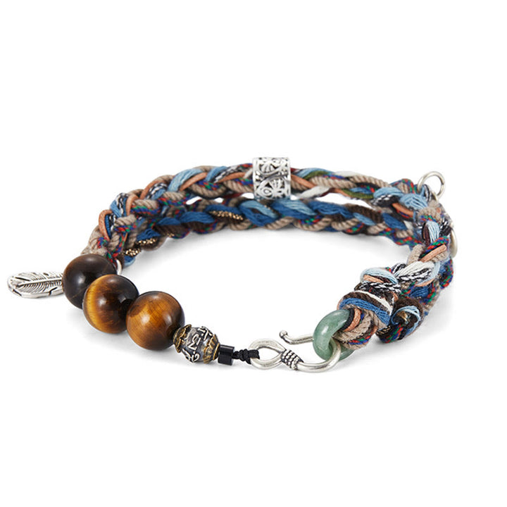 Pulsera de fuerza de voluntad hecha a mano con cuerda de algodón colorida y ojo de tigre de plata de ley 925 con Buddha Stones