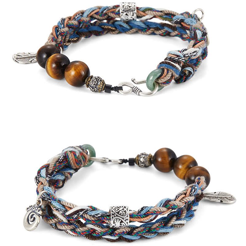 Pulsera de fuerza de voluntad hecha a mano con cuerda de algodón colorida y ojo de tigre de plata de ley 925 con Buddha Stones
