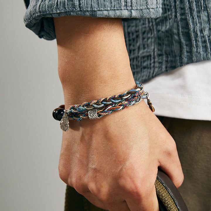 Pulsera de fuerza de voluntad hecha a mano con cuerda de algodón colorida y ojo de tigre de plata de ley 925 con Buddha Stones