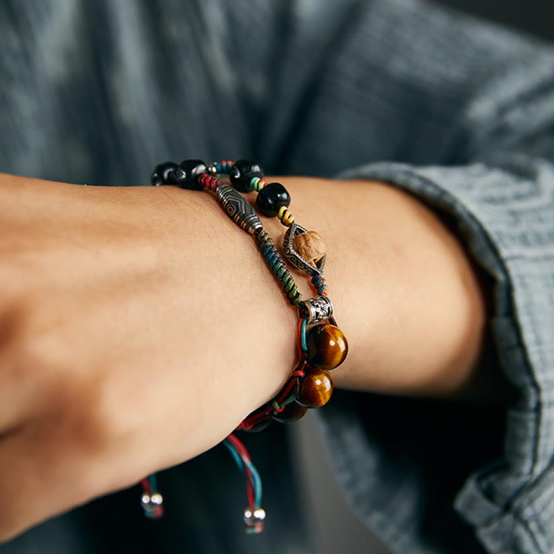 Pulsera de valor hecha a mano con semillas de Bodhi de ojo de tigre de plata de ley 925 con Buddha Stones