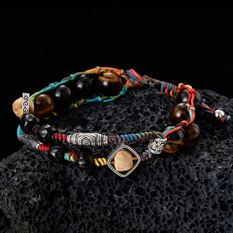 Pulsera de valor hecha a mano con semillas de Bodhi de ojo de tigre de plata de ley 925 con Buddha Stones
